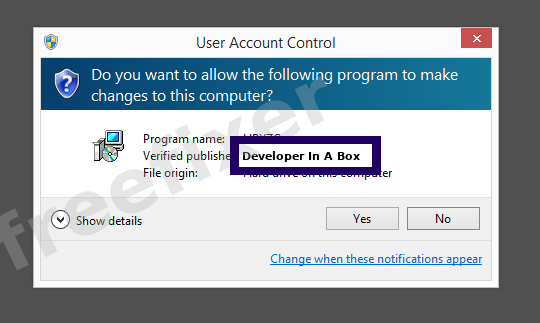 Screenshot where Developer In A Box appears as the verified publisher in the UAC dialog